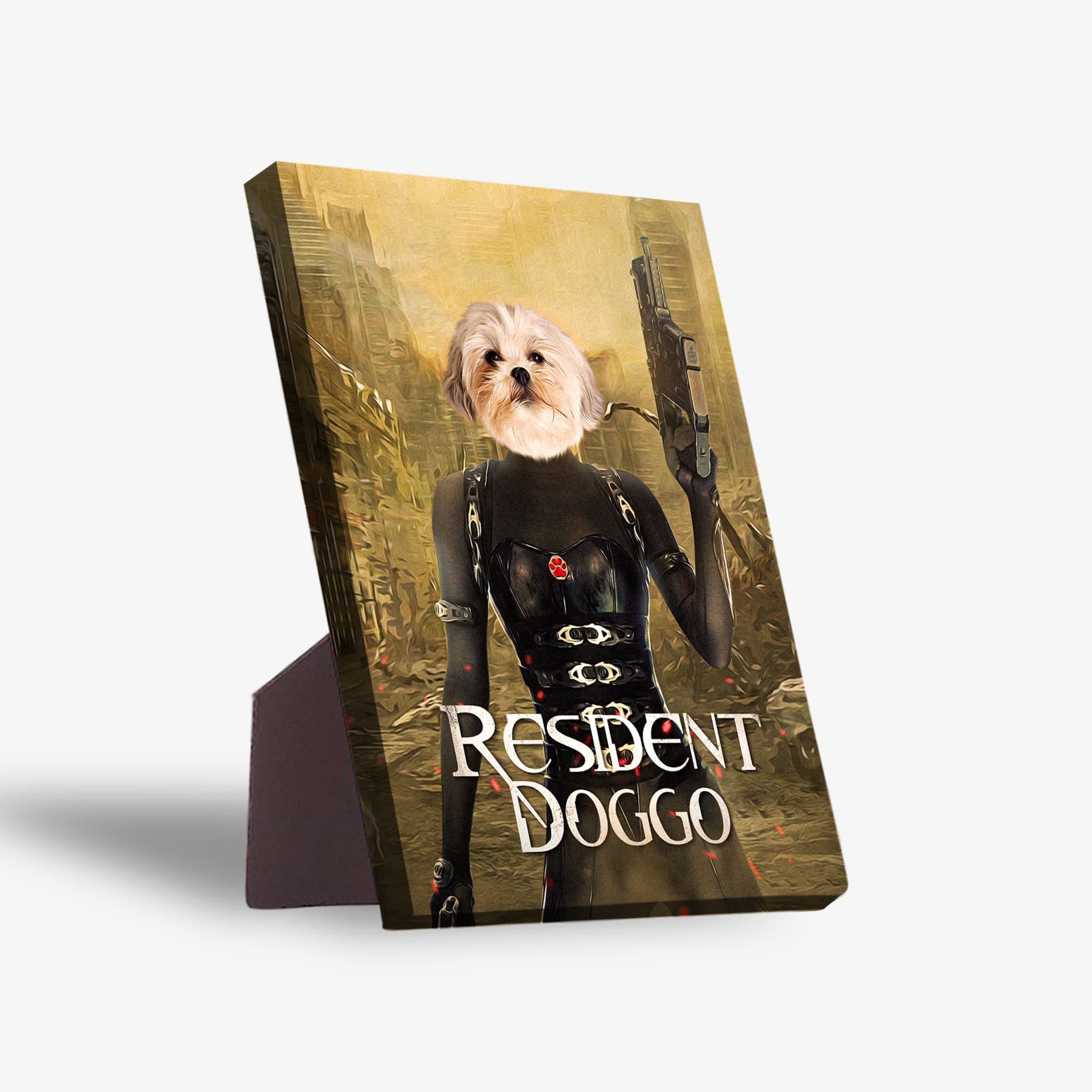 Personalized 'Resident Doggo' standing canvas featuring a Shih Tzu's head on a character in a black outfit.
