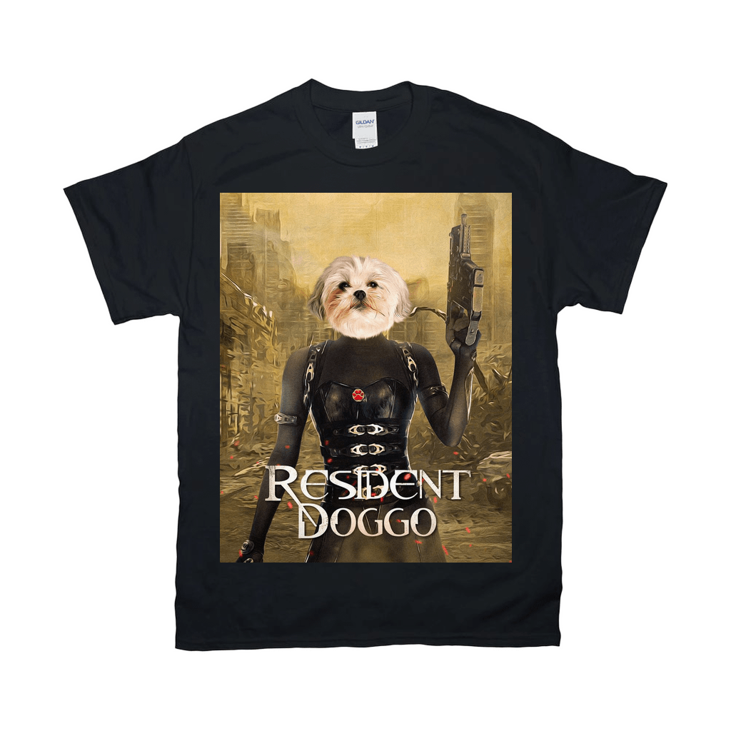 Black Gildan t-shirt with a personalized "Resident Doggo" design featuring a pet's face on a character.