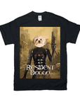 Black Gildan t-shirt with a personalized "Resident Doggo" design featuring a pet's face on a character.