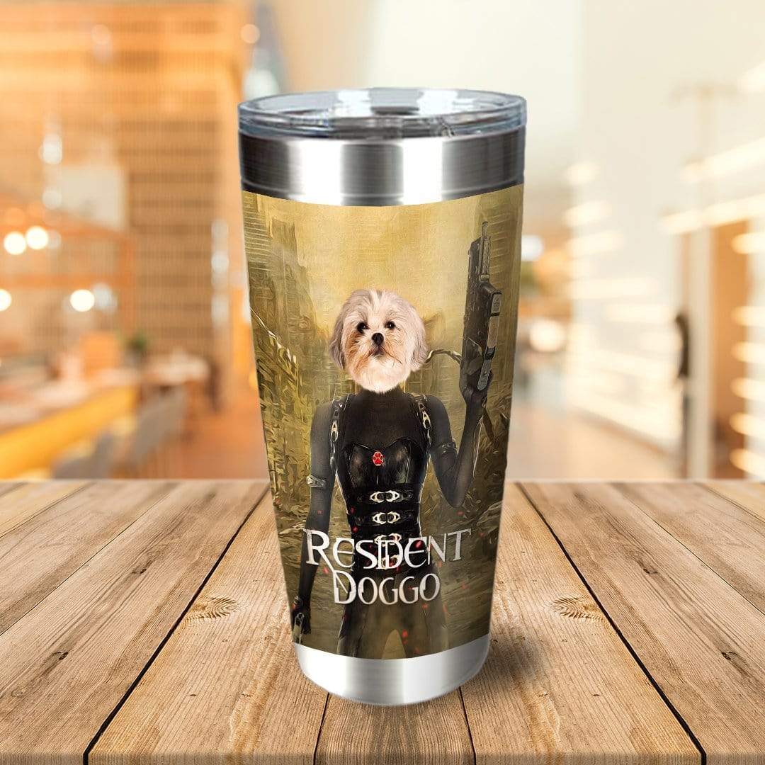 Personalized stainless steel tumbler with a dog's head on a Resident Evil-style character, "Resident Doggo" text.