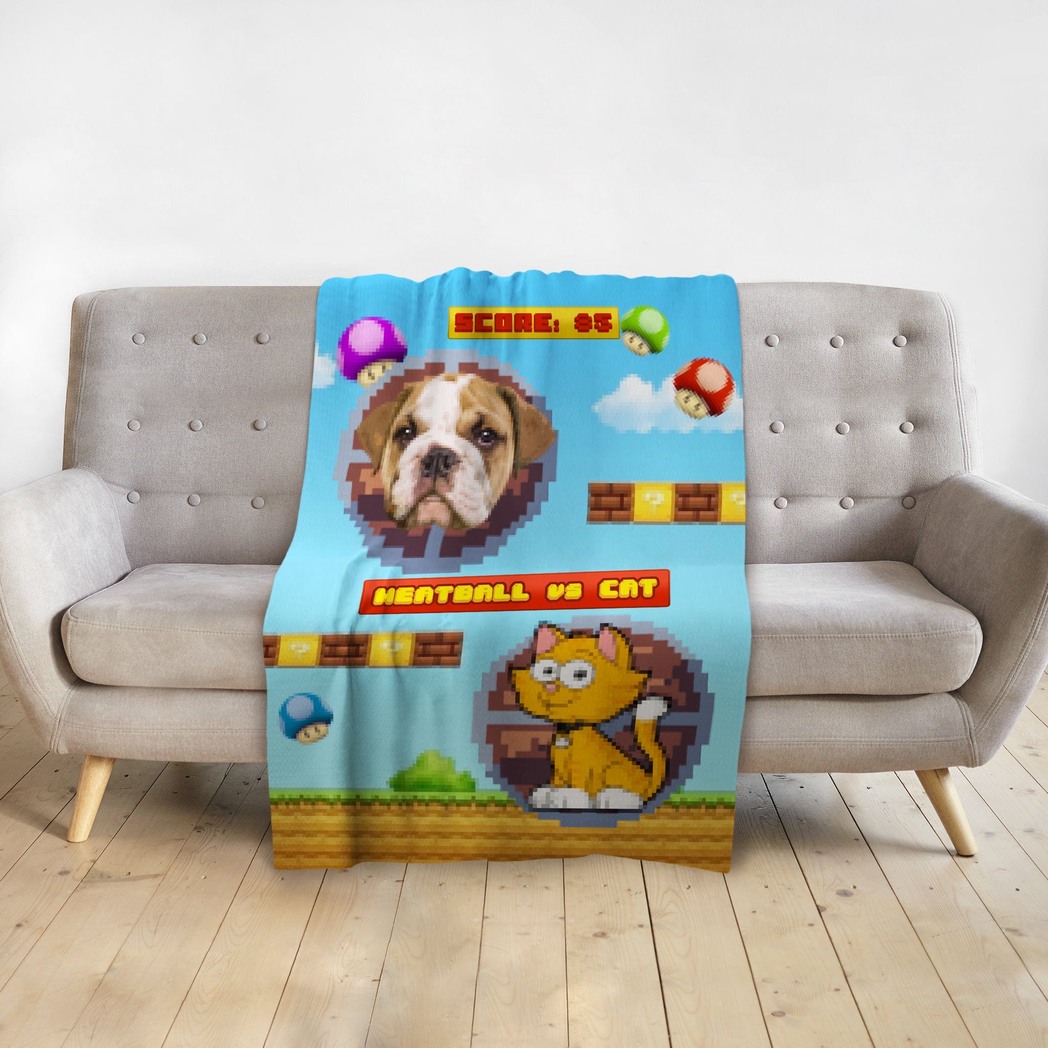 Personalized pet blanket with a pixelated retro video game design featuring a dog and a cat portrait.