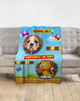 Personalized pet blanket with a pixelated retro video game design featuring a dog and a cat portrait.