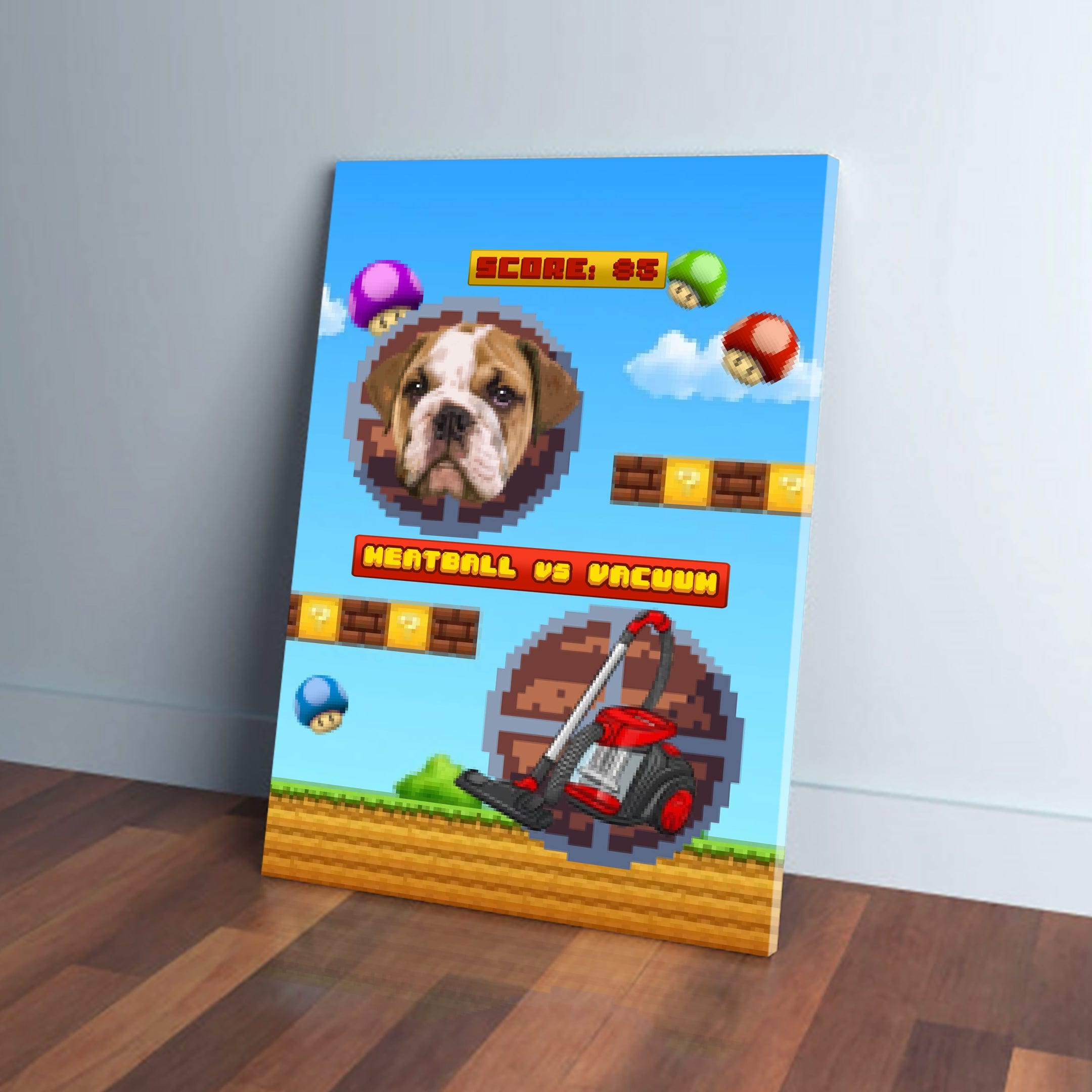 Personalized retro video game canvas featuring a bulldog's face and a vacuum cleaner in pixel art.