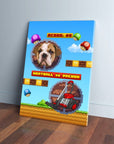 Personalized retro video game canvas featuring a bulldog's face and a vacuum cleaner in pixel art.