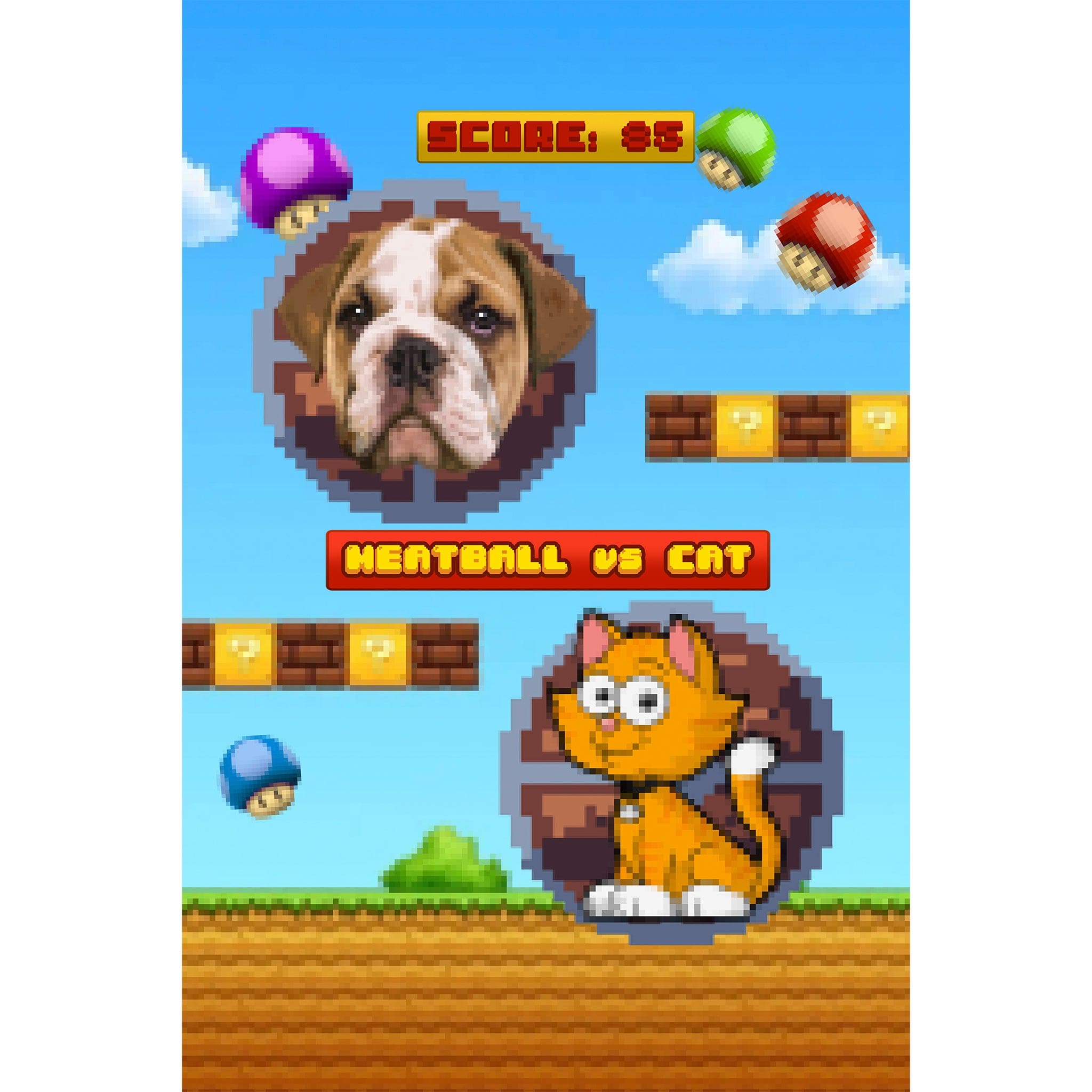 Personalized pet digital portrait in retro video game style featuring a bulldog and a cartoon cat.