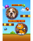 Personalized pet digital portrait in retro video game style featuring a bulldog and a cartoon cat.
