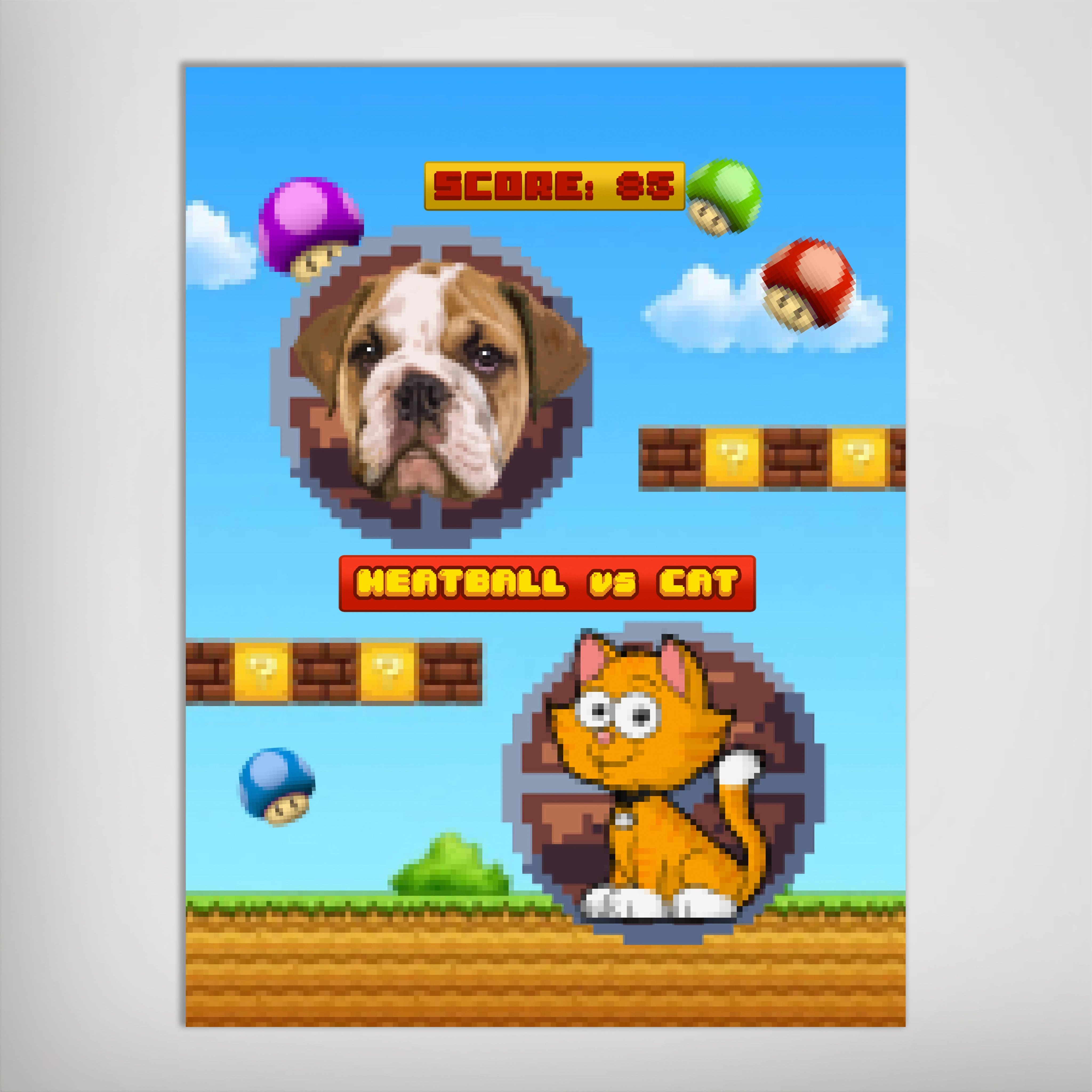 Retro video game personalized pet poster featuring a bulldog and pixelated cat on a blue sky background.