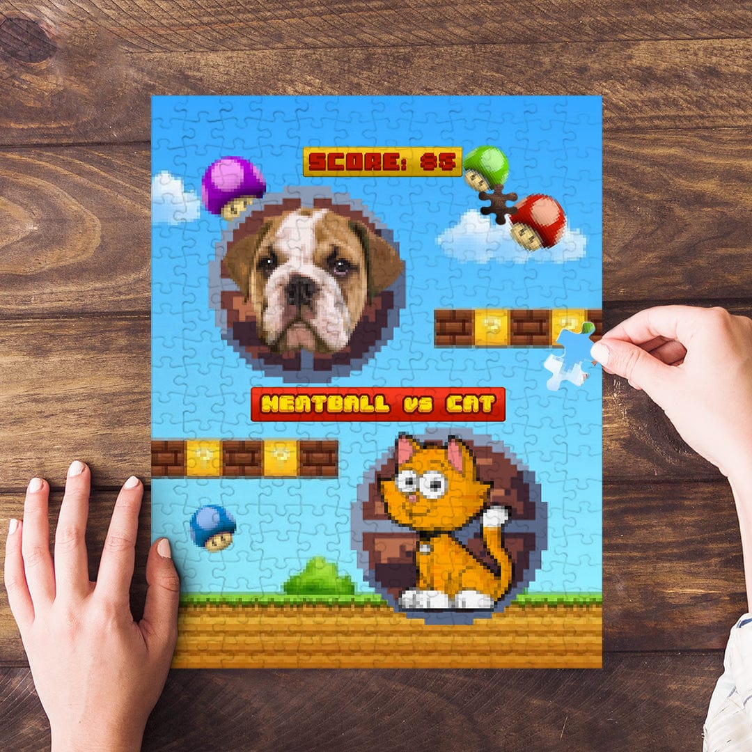 Personalized pet puzzle featuring a bulldog and a cartoon cat in a retro video game style.