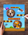 Personalized pet puzzle featuring a bulldog and a cartoon cat in a retro video game style.