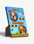 Retro video game personalized pet standing canvas featuring a bulldog and cat in pixel art.