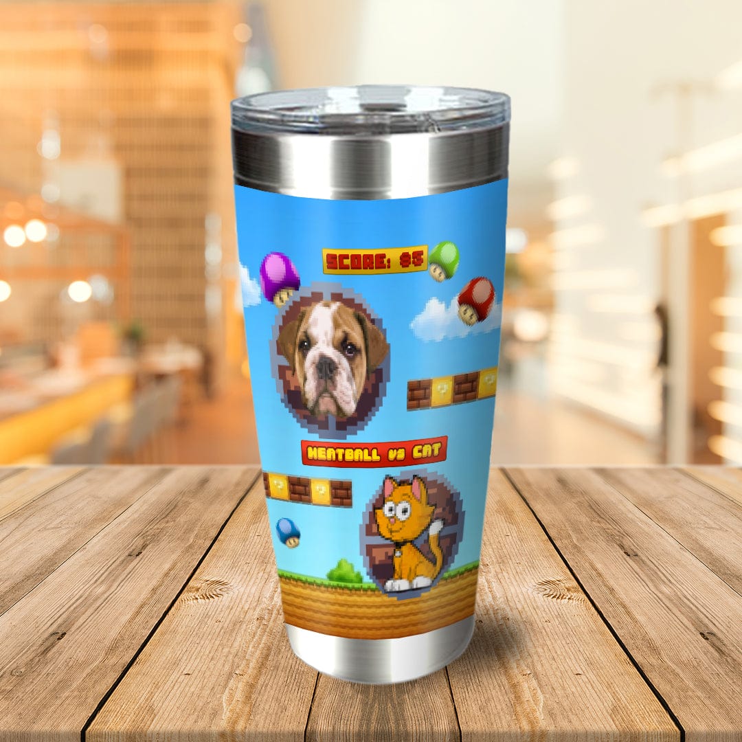 Personalized stainless steel tumbler with a custom pixel art dog portrait and retro video game design.