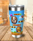 Personalized stainless steel tumbler with a custom pixel art dog portrait and retro video game design.
