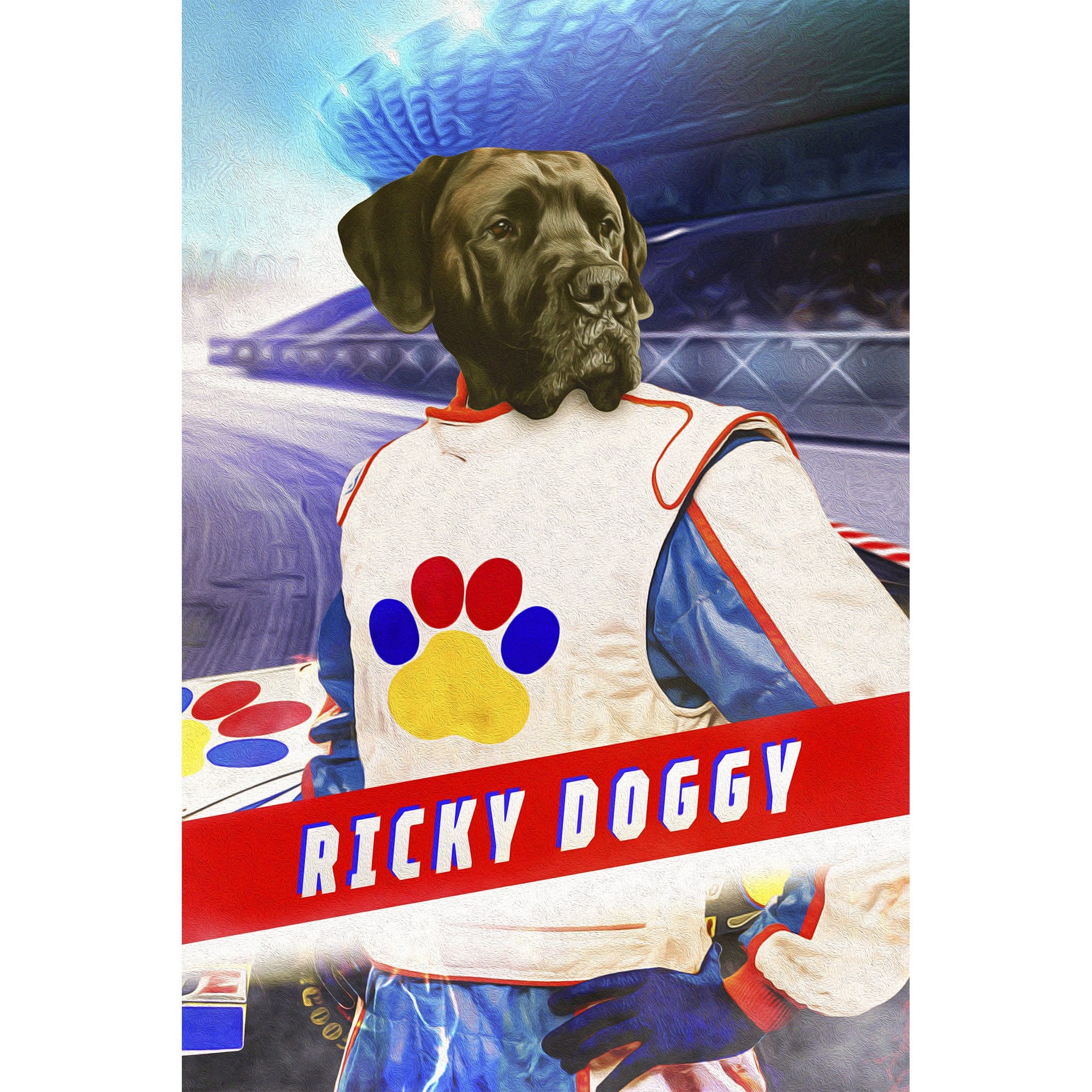 Custom digital portrait of a black dog in a race car driver suit, "Ricky Doggy" banner.