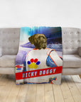 Personalized minky blanket with a custom Doggovinci portrait of a dog in a race car driver suit.