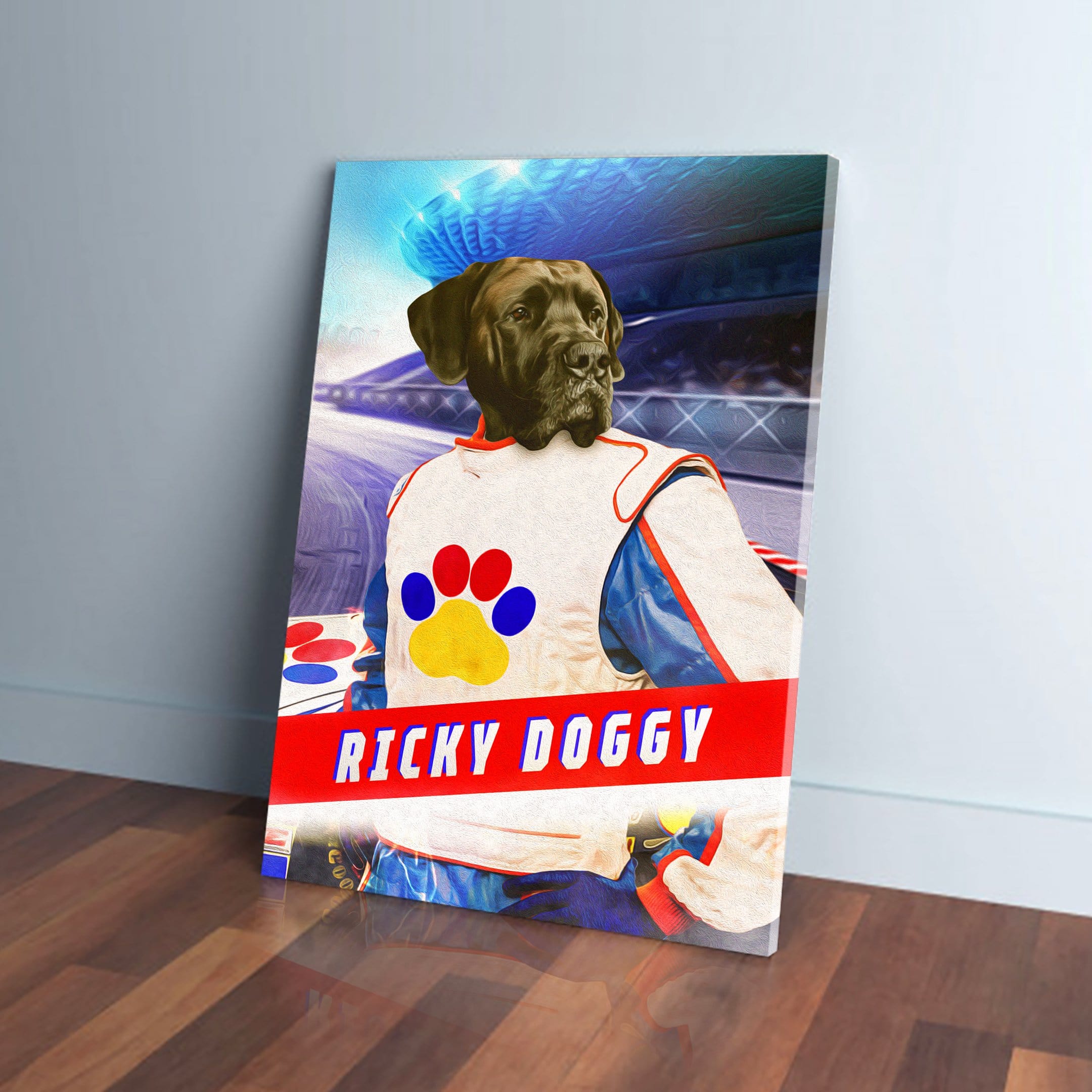 Personalized 'Ricky Doggy' pet canvas featuring a dark dog in a white, blue, and red race suit.