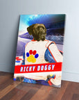 Personalized 'Ricky Doggy' pet canvas featuring a dark dog in a white, blue, and red race suit.