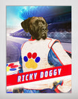Personalized "Ricky Doggy" pet poster featuring a dark dog in a white, blue, and red race suit.