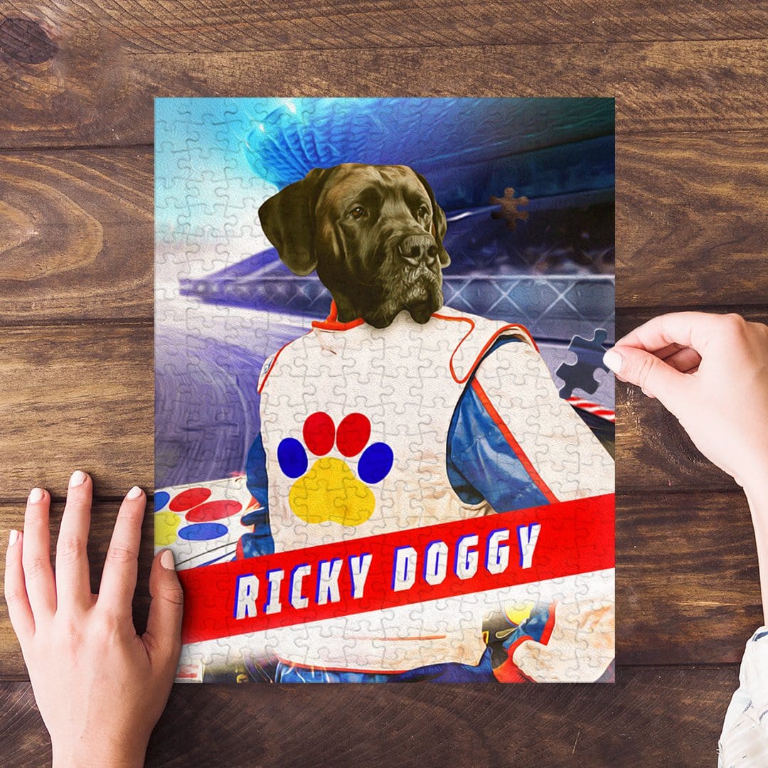 Personalized "Ricky Doggy" pet portrait puzzle featuring a dog in a race car driver suit.