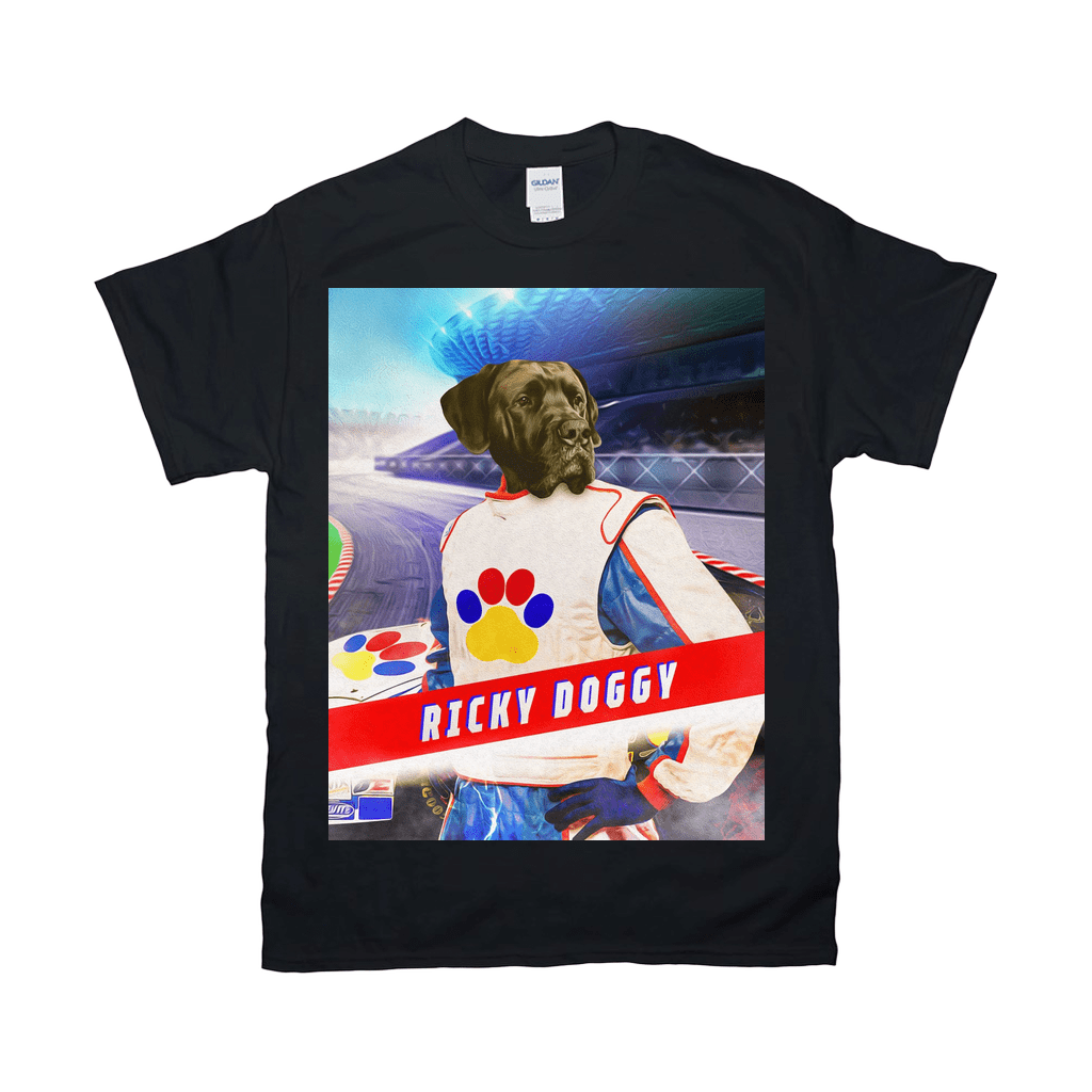 Black Gildan t-shirt with a personalized design of a dog in a white, blue, and red race suit.