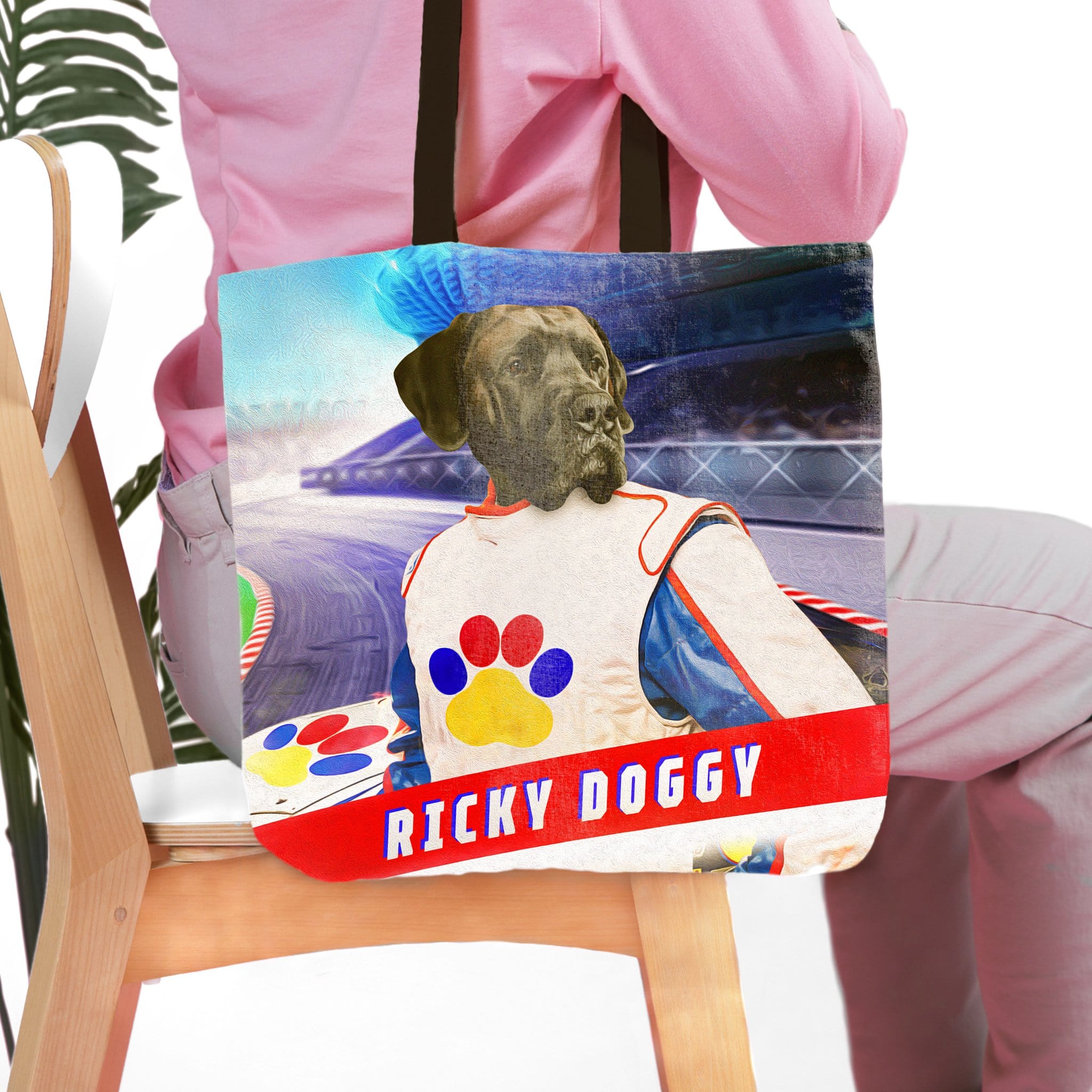 Personalized 'Ricky Doggy' tote bag with a Great Dane pet portrait in a race car driver suit.