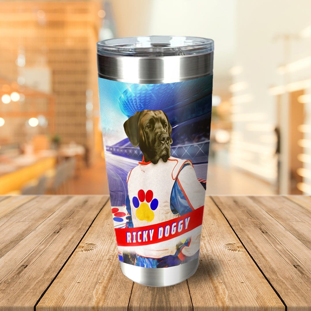 Personalized stainless steel tumbler with a custom dog portrait in a race car driver costume.
