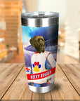 Personalized stainless steel tumbler with a custom dog portrait in a race car driver costume.