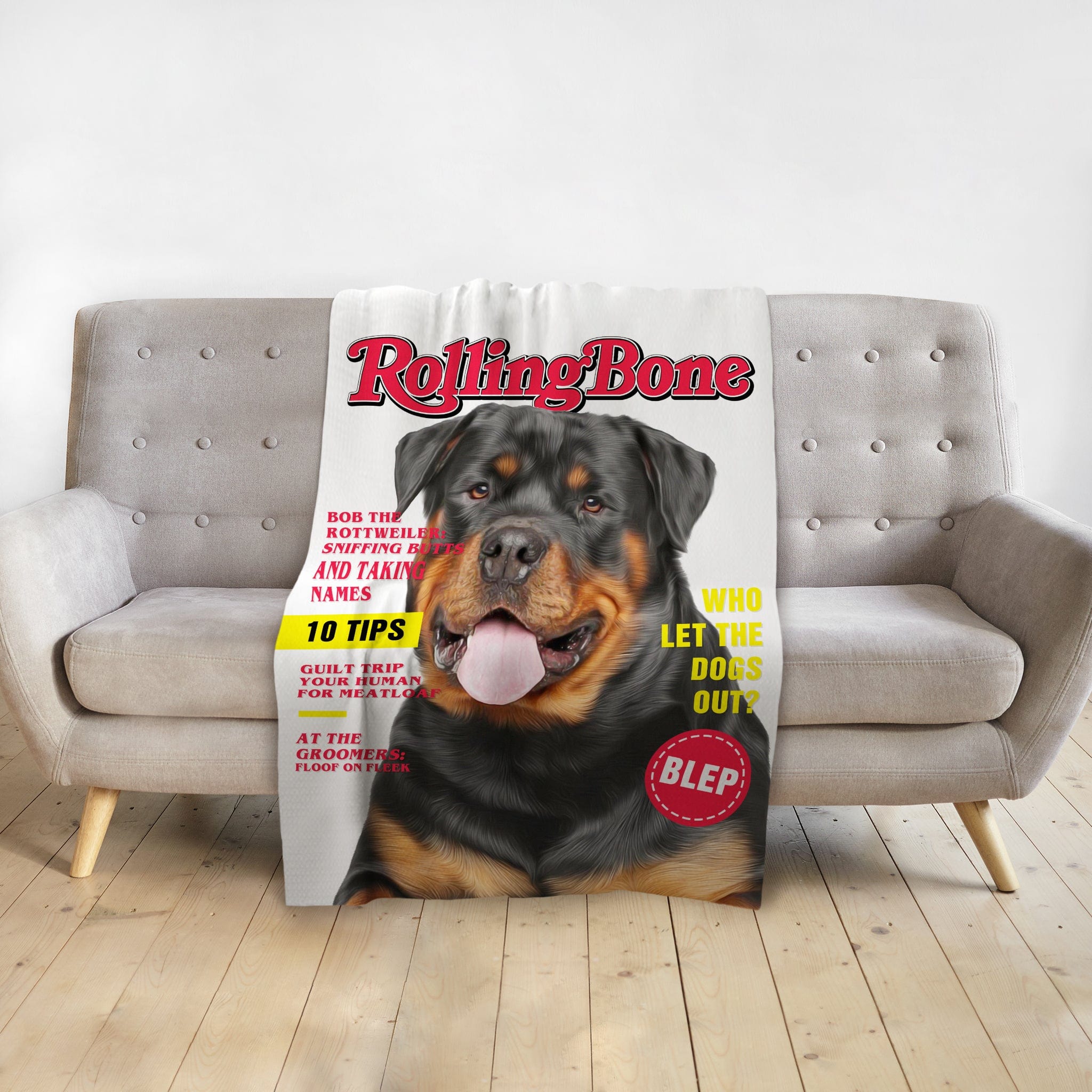 Personalized pet blanket featuring a Rottweiler in a "Rolling Bone" magazine cover design.