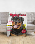 Personalized pet blanket featuring a Rottweiler in a "Rolling Bone" magazine cover design.