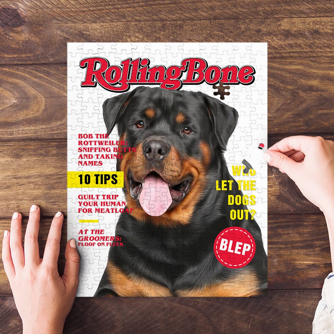 Personalized 'Rolling Bone' pet puzzle featuring a Rottweiler on a magazine cover design.