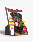 Personalized 'Rolling Bone' standing canvas featuring a Rottweiler on a magazine cover design.