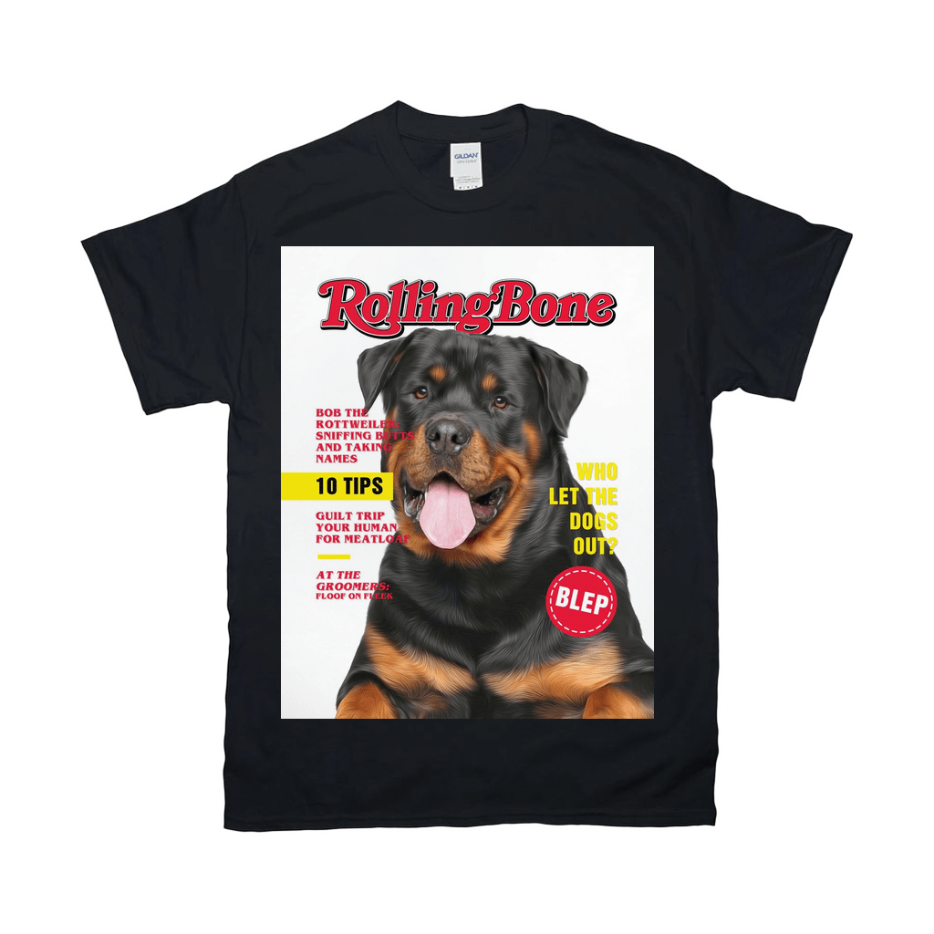 Black Gildan unisex t-shirt with a "Rolling Bone" magazine cover featuring a happy Rottweiler.