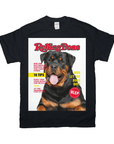 Black Gildan unisex t-shirt with a "Rolling Bone" magazine cover featuring a happy Rottweiler.