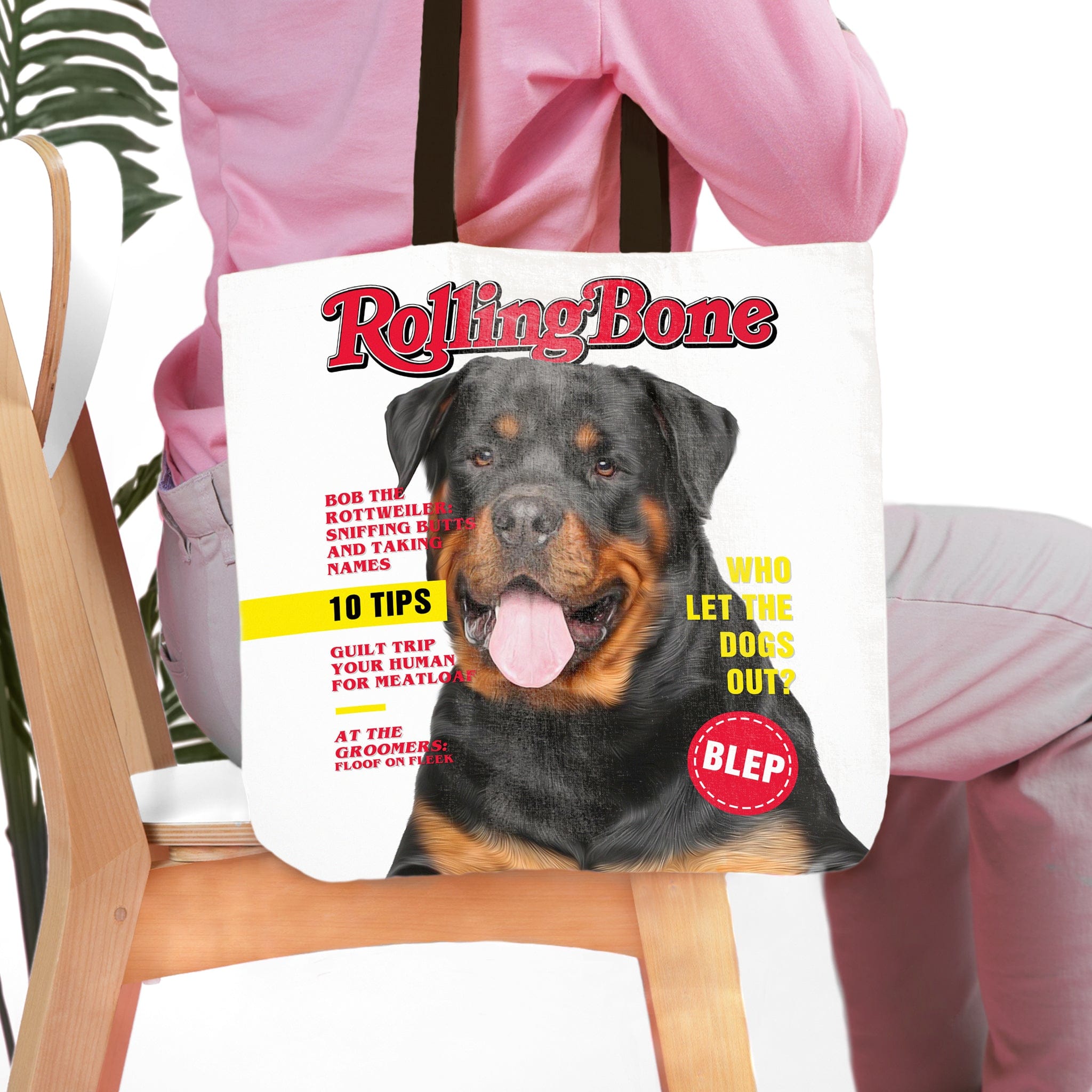 Personalized "Rolling Bone" white tote bag with a custom Rottweiler pet portrait.