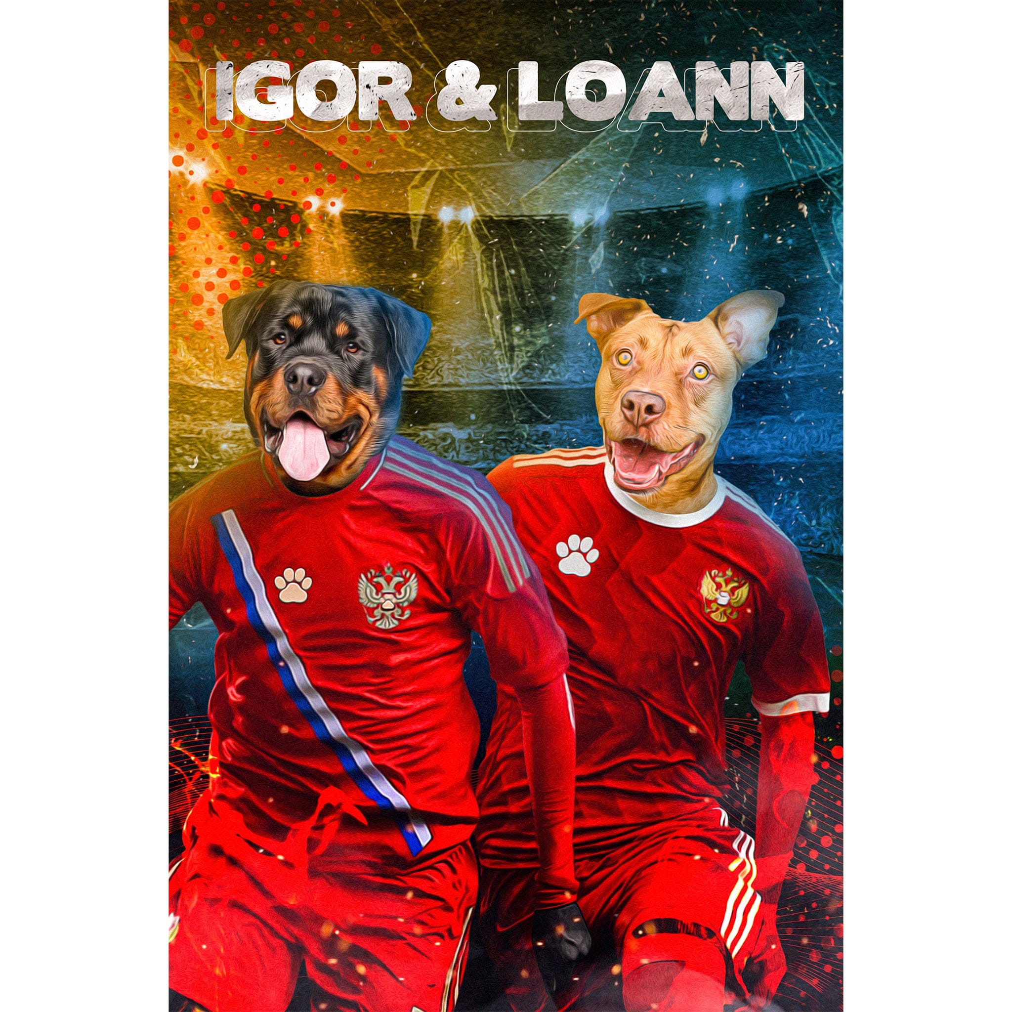 Custom digital portrait of two dogs, a Rottweiler and a Pitbull, in red Russia soccer jerseys.