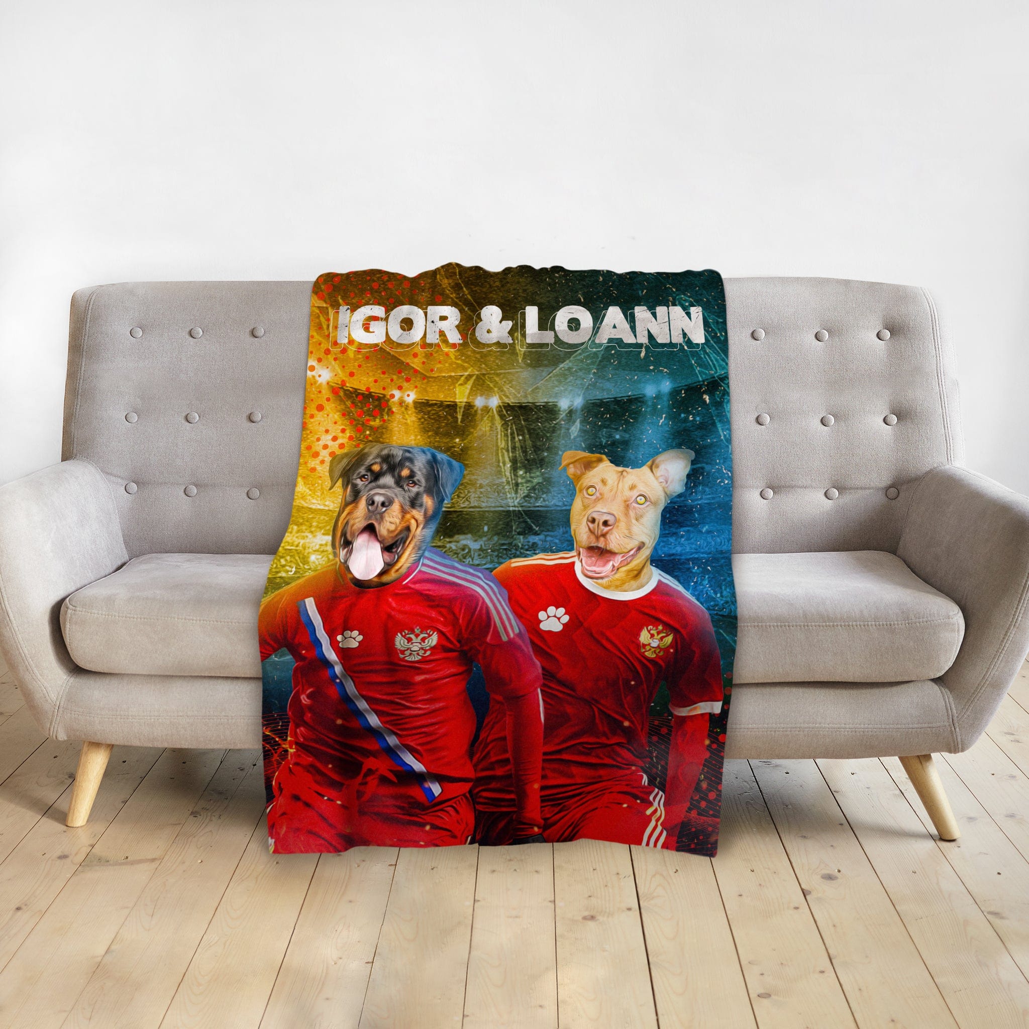 Personalized pet blanket with two dogs in Russian soccer uniforms, "Igor & Loann" text.