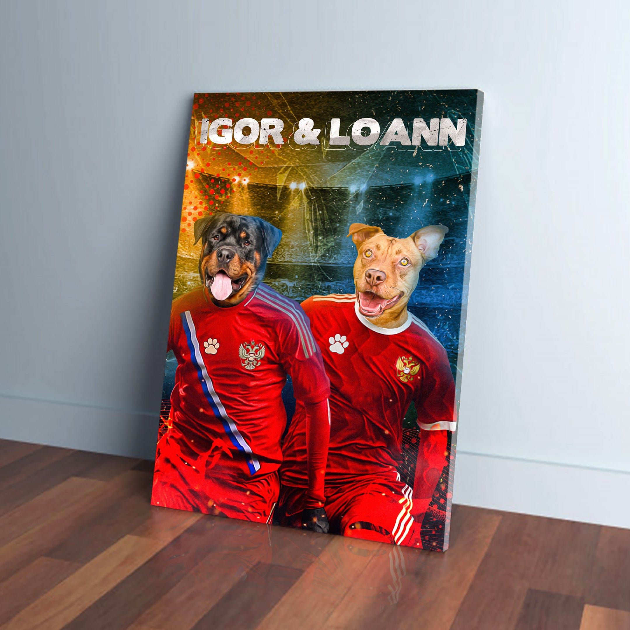Personalized 'Russia Doggos' canvas featuring two pets in red soccer jerseys with names "IGOR & LOANN".