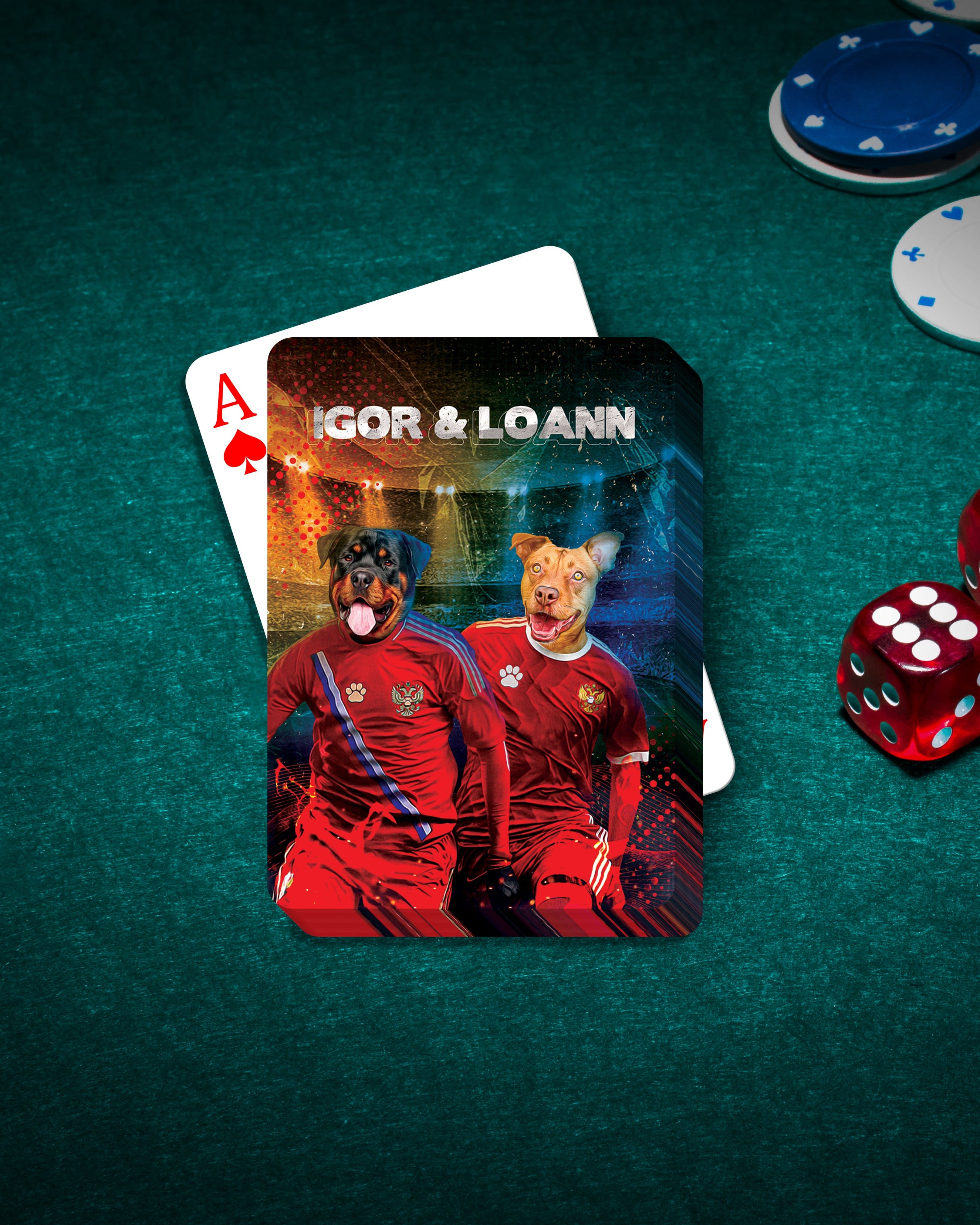 Personalized playing card with two dogs in red soccer jerseys, named Igor & Loann, on a green felt table.