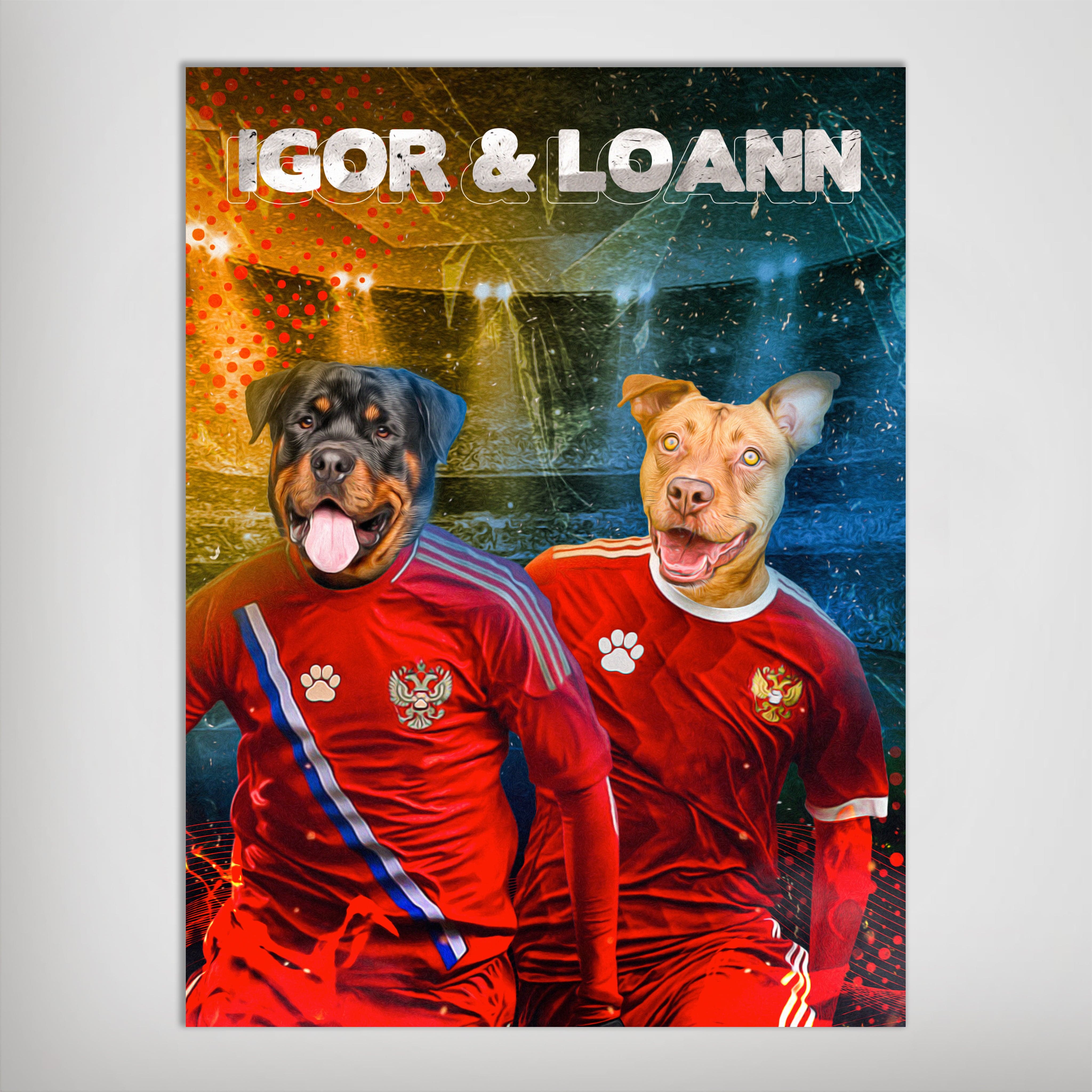 Personalized 'Russia Doggos' poster featuring two pets in red soccer jerseys with a stadium background.