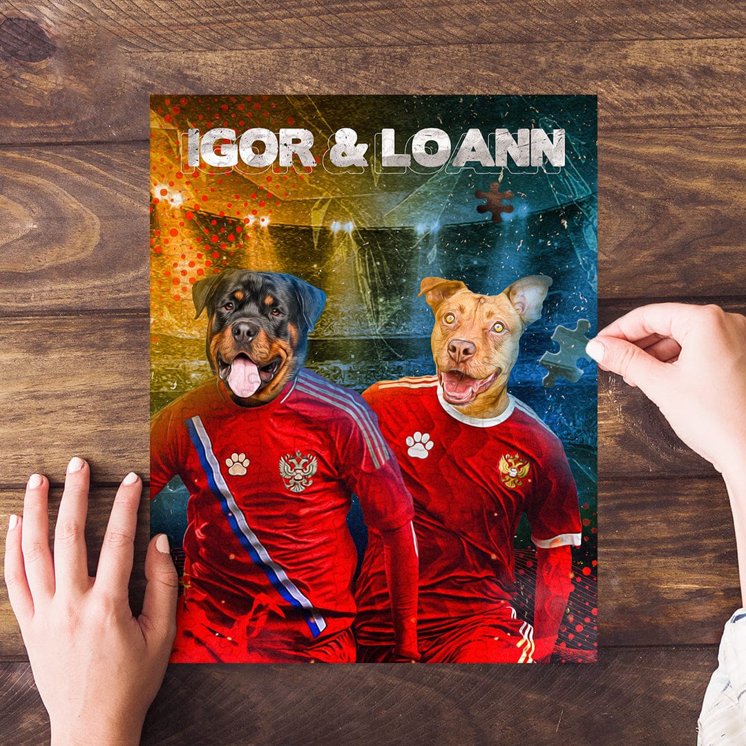 Personalized 2-pet puzzle featuring two dogs in red Russia soccer jerseys.