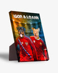 Personalized standing canvas featuring two pets in red Russian soccer jerseys with "IGOR & LOANN" above.