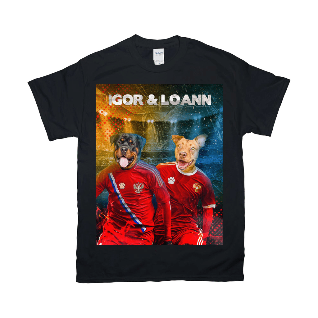 Black Gildan t-shirt with two personalized pet portraits as Russian soccer players, "IGOR & LOANN" text.