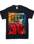 Black Gildan t-shirt with two personalized pet portraits as Russian soccer players, "IGOR & LOANN" text.