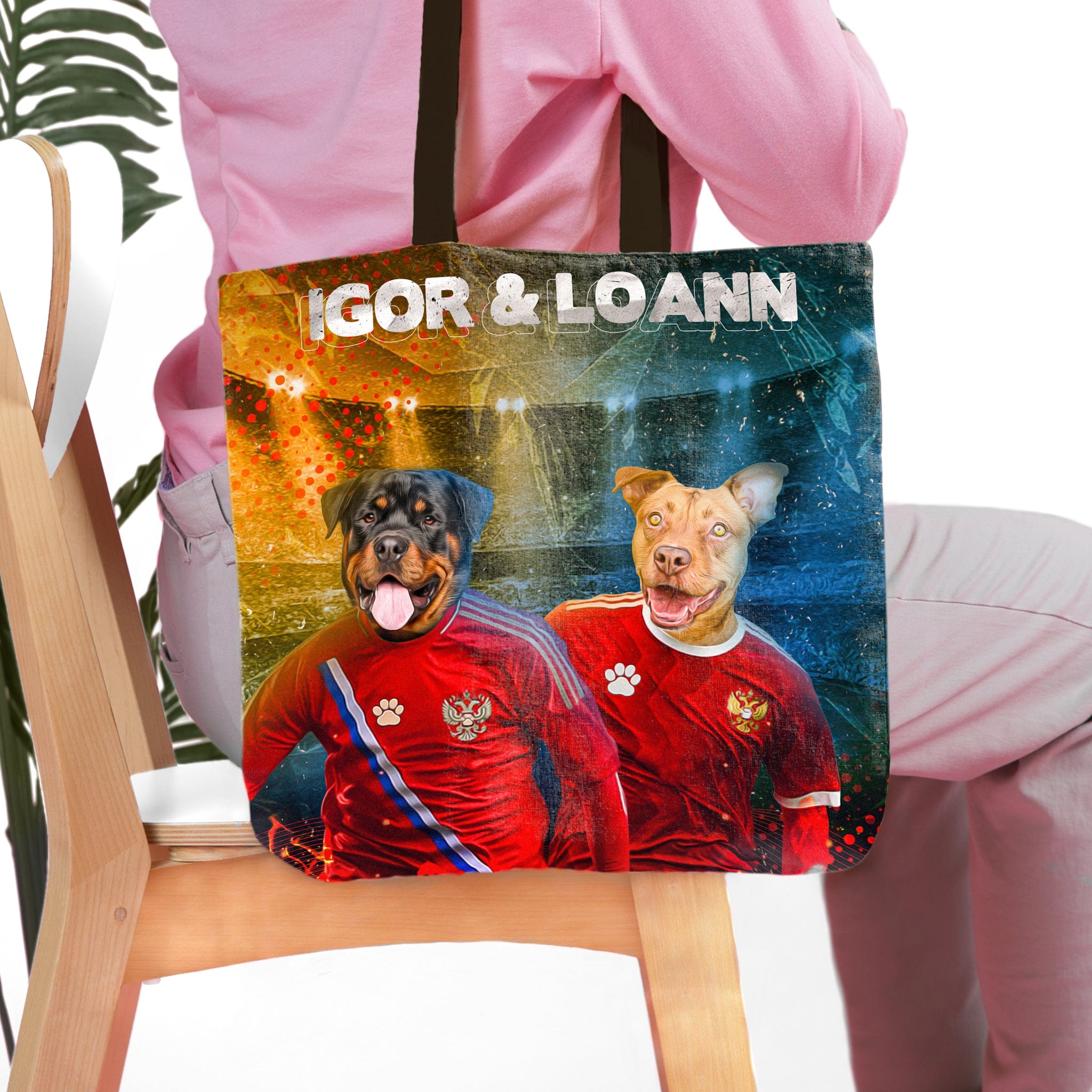 Personalized 'Russia Doggos' tote bag with custom Rottweiler and Pitbull pet portraits in soccer jerseys.