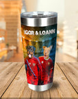 Personalized stainless steel tumbler with two dogs in Russian soccer jerseys, custom names "IGOR & LOANN".