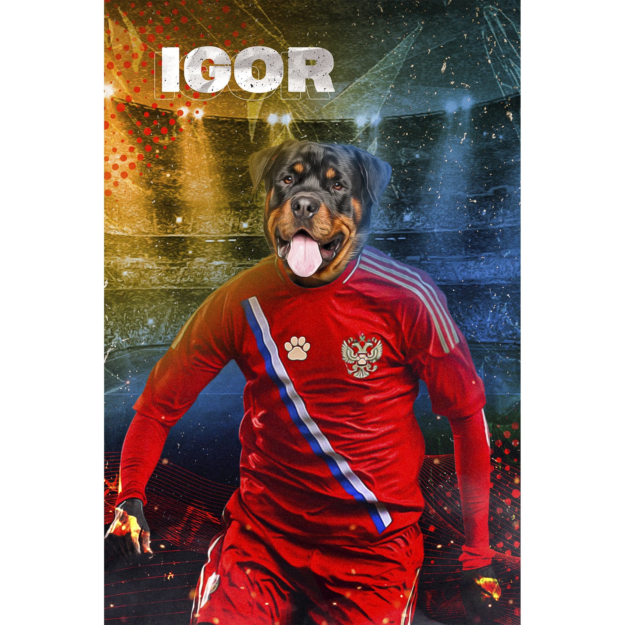 Personalized digital portrait of a Rottweiler dog in a red Russia soccer uniform.
