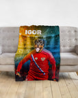 Personalized pet blanket with a Rottweiler dog in a red Russian soccer uniform, named "IGOR".