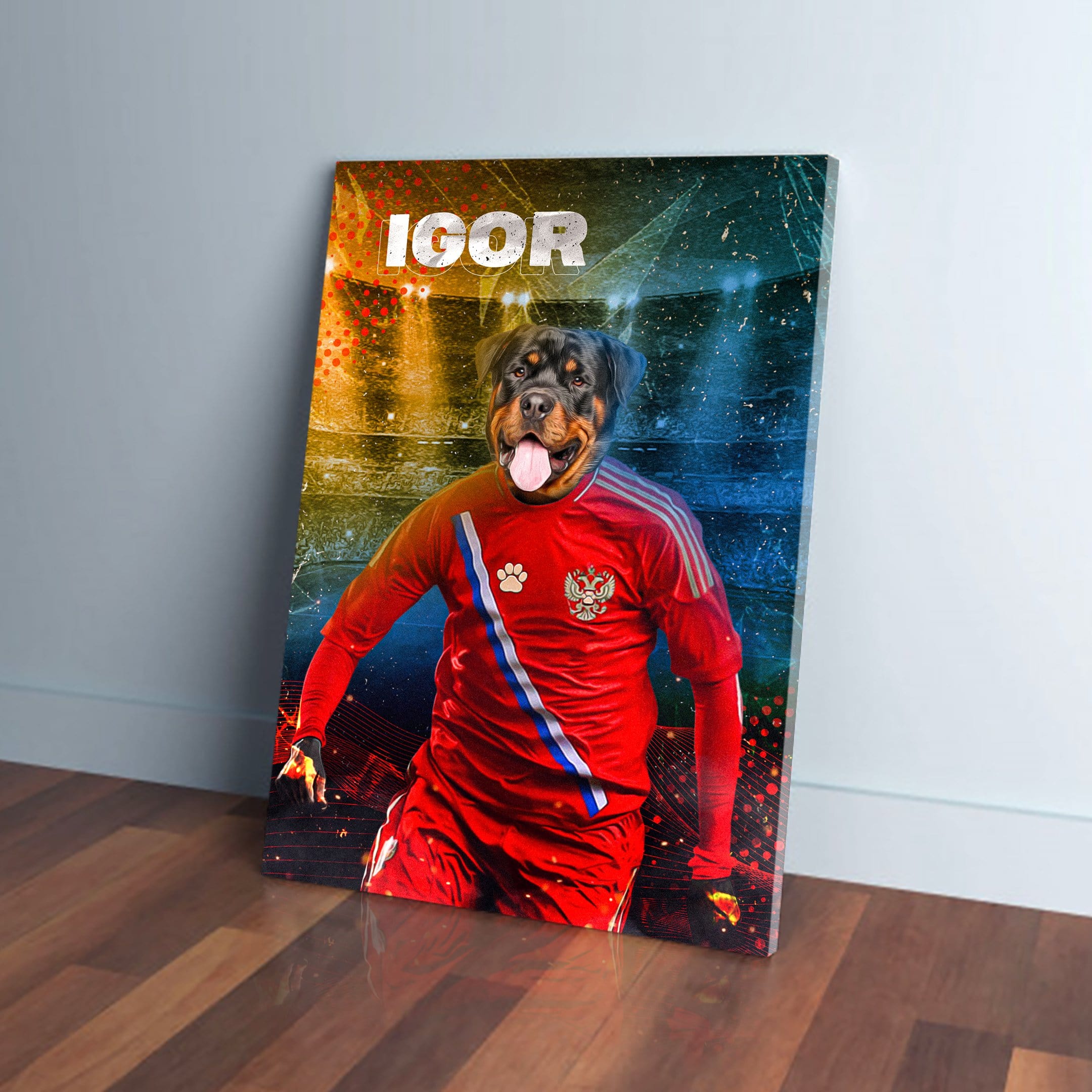 Personalized pet canvas featuring a Rottweiler in a red Russia soccer uniform with "IGOR" above.