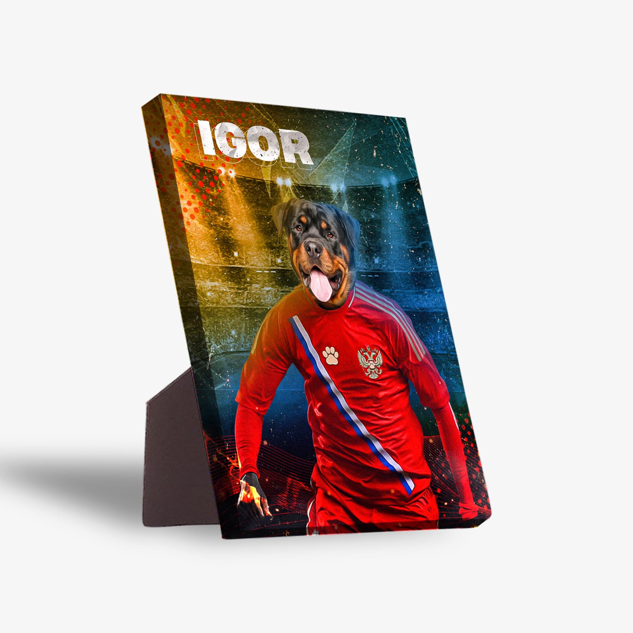 Personalized pet canvas featuring a Rottweiler in a red Russian soccer jersey with "IGOR" above.