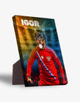Personalized pet canvas featuring a Rottweiler in a red Russian soccer jersey with "IGOR" above.