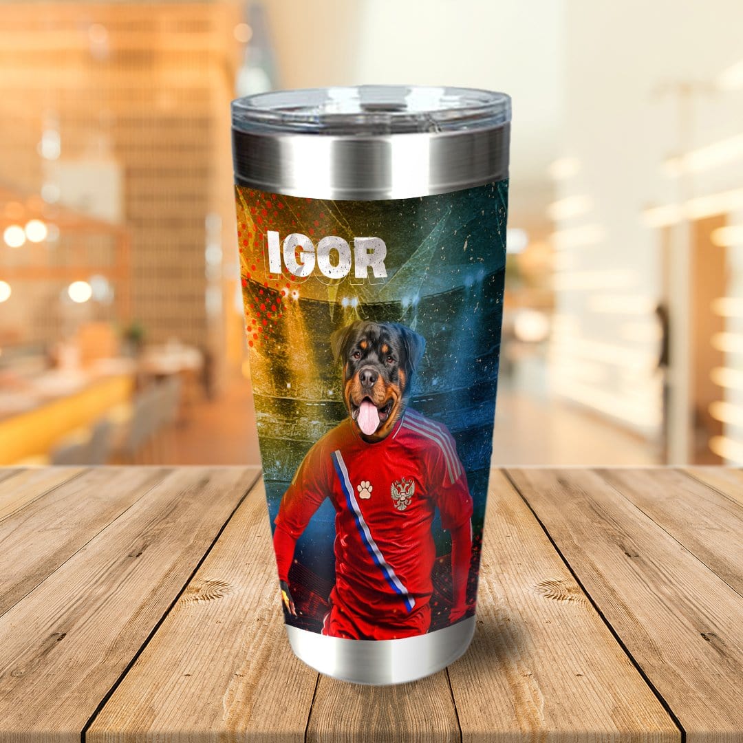 Personalized stainless steel tumbler with a Rottweiler pet portrait in a Russian soccer uniform.